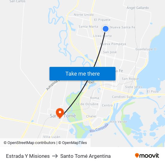 Estrada Y Misiones to Santo Tomé Argentina map