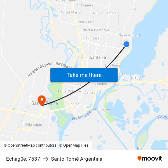 Echagüe, 7537 to Santo Tomé Argentina map