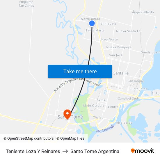 Teniente Loza Y Reinares to Santo Tomé Argentina map