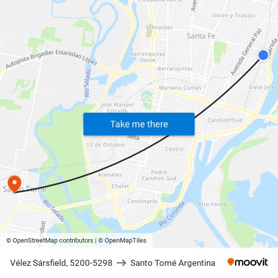 Vélez Sársfield, 5200-5298 to Santo Tomé Argentina map