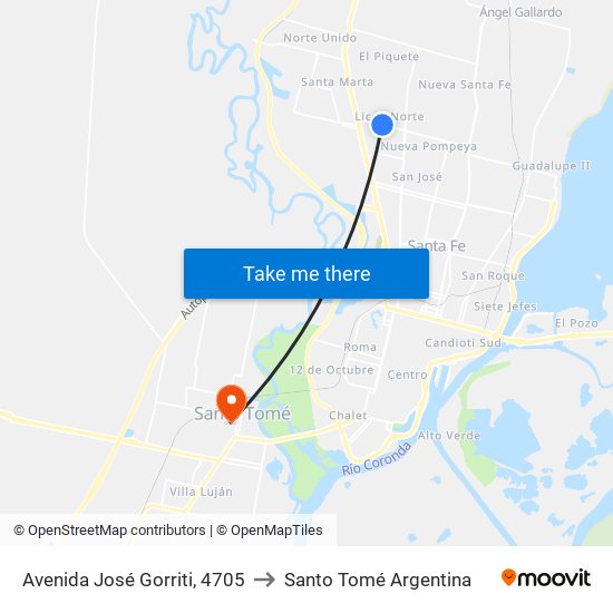 Avenida José Gorriti, 4705 to Santo Tomé Argentina map
