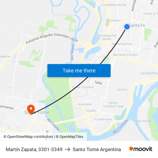 Martín Zapata, 3301-3349 to Santo Tomé Argentina map