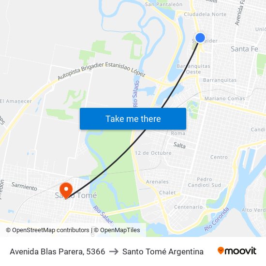 Avenida Blas Parera, 5366 to Santo Tomé Argentina map