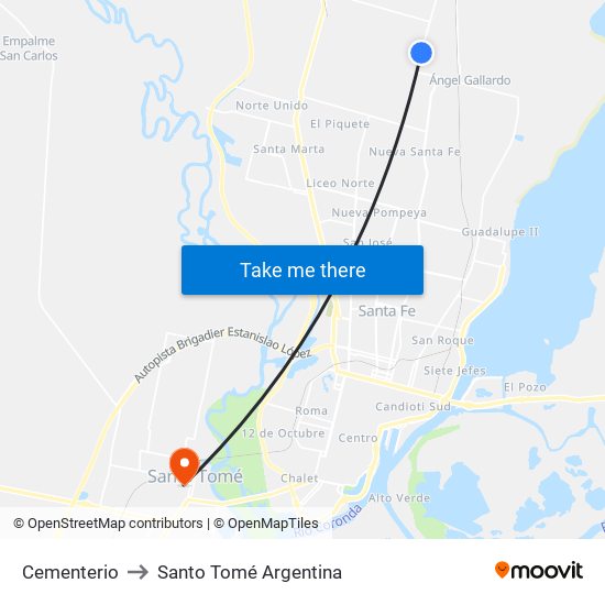 Cementerio to Santo Tomé Argentina map