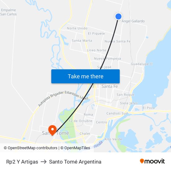 Rp2 Y Artigas to Santo Tomé Argentina map