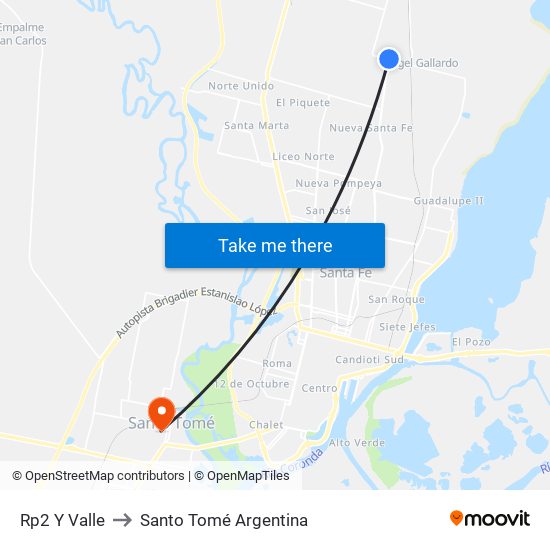 Rp2 Y Valle to Santo Tomé Argentina map