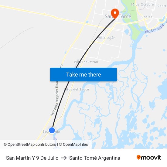 San Martín Y 9 De Julio to Santo Tomé Argentina map