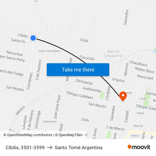 Cibilis, 3501-3599 to Santo Tomé Argentina map