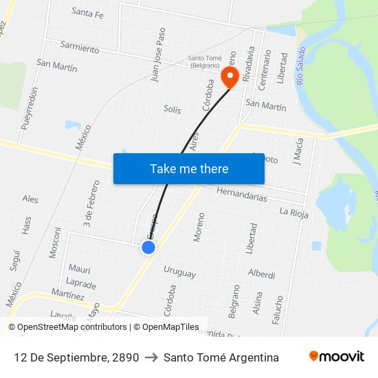 12 De Septiembre, 2890 to Santo Tomé Argentina map