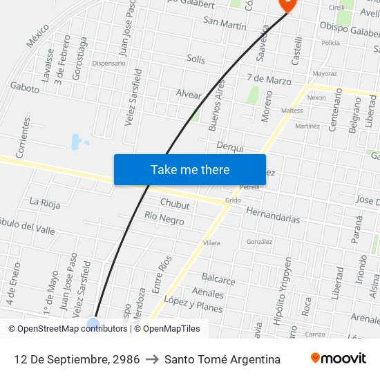 12 De Septiembre, 2986 to Santo Tomé Argentina map