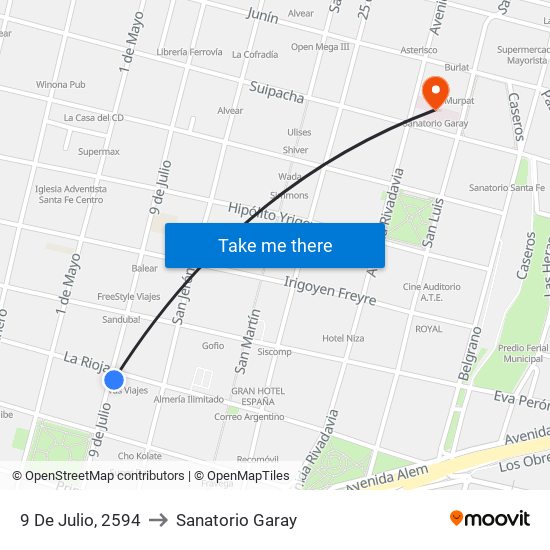 9 De Julio, 2594 to Sanatorio Garay map