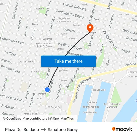 Plaza Del Soldado to Sanatorio Garay map