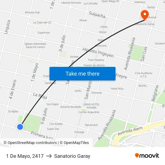 1 De Mayo, 2417 to Sanatorio Garay map