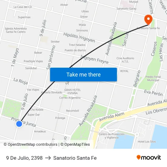 9 De Julio, 2398 to Sanatorio Santa Fe map