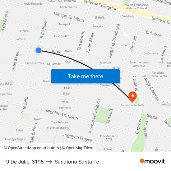 9 De Julio, 3198 to Sanatorio Santa Fe map