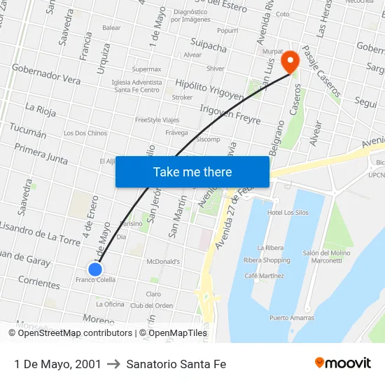 1 De Mayo, 2001 to Sanatorio Santa Fe map