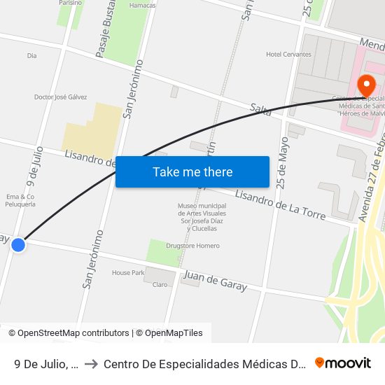 9 De Julio, 1966-1998 to Centro De Especialidades Médicas De Santa Fe ""Héroes De Malvinas"" map