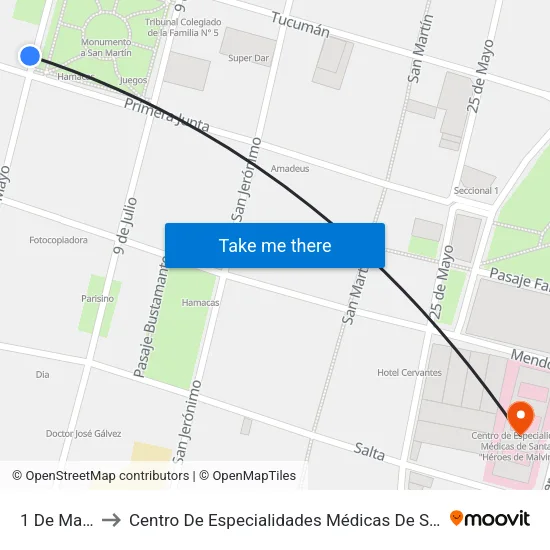 1 De Mayo, 2417 to Centro De Especialidades Médicas De Santa Fe ""Héroes De Malvinas"" map