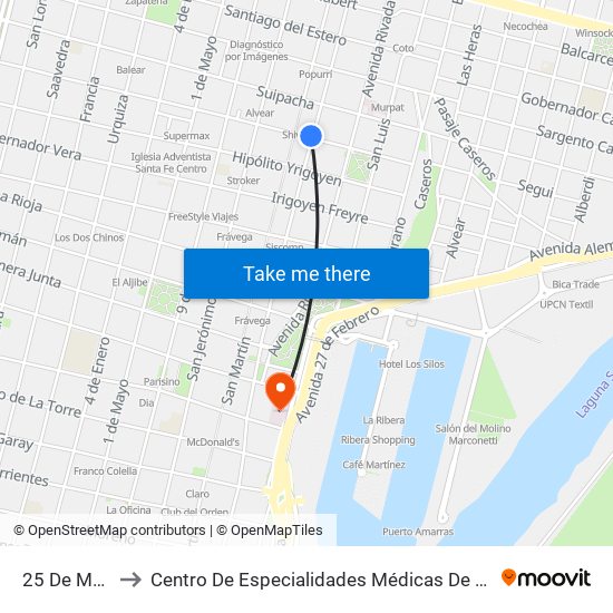 25 De Mayo, 3001 to Centro De Especialidades Médicas De Santa Fe ""Héroes De Malvinas"" map