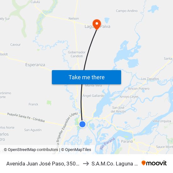 Avenida Juan José Paso, 3502-3600 to S.A.M.Co. Laguna Paiva map