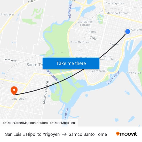 San Luis E Hipólito Yrigoyen to Samco Santo Tomé map