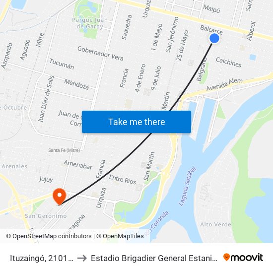 Ituzaingó, 2101-2115 to Estadio Brigadier General Estanislao López map