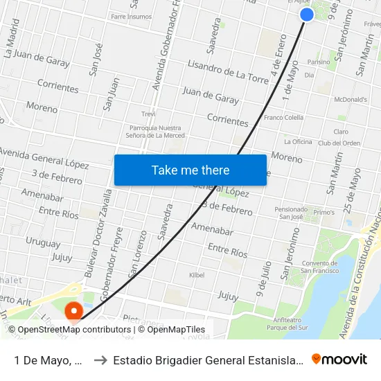 1 De Mayo, 2417 to Estadio Brigadier General Estanislao López map