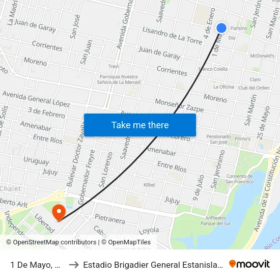 1 De Mayo, 2201 to Estadio Brigadier General Estanislao López map