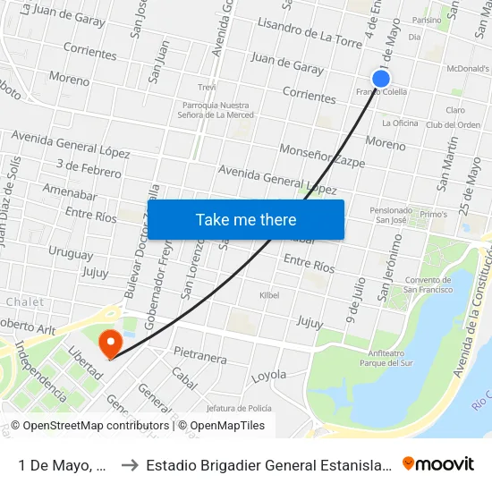 1 De Mayo, 2001 to Estadio Brigadier General Estanislao López map