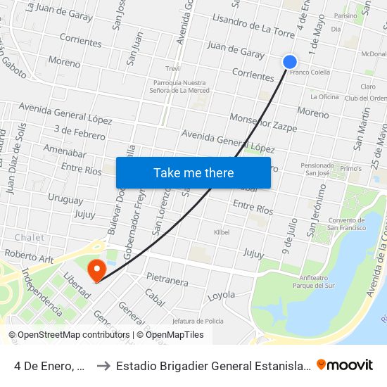 4 De Enero, 1994 to Estadio Brigadier General Estanislao López map