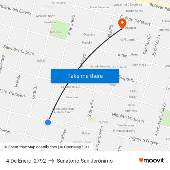 4 De Enero, 2792 to Sanatorio San Jerónimo map