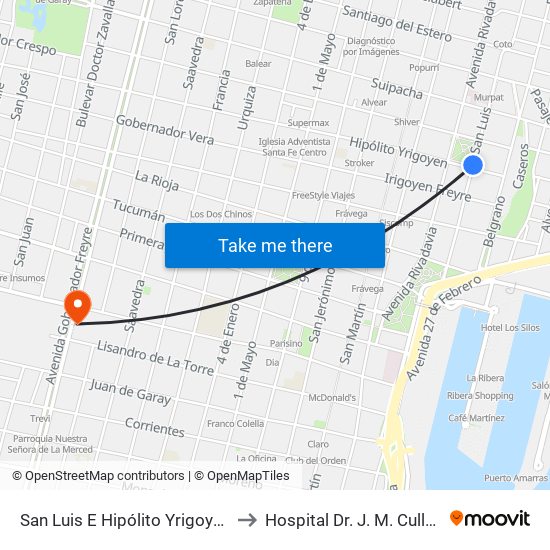 San Luis E Hipólito Yrigoyen to Hospital Dr. J. M. Cullen map