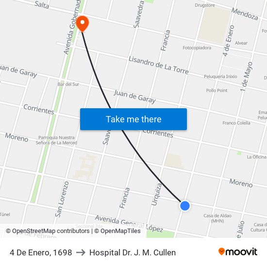 4 De Enero, 1698 to Hospital Dr. J. M. Cullen map