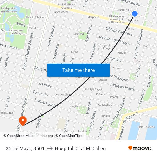 25 De Mayo, 3601 to Hospital Dr. J. M. Cullen map