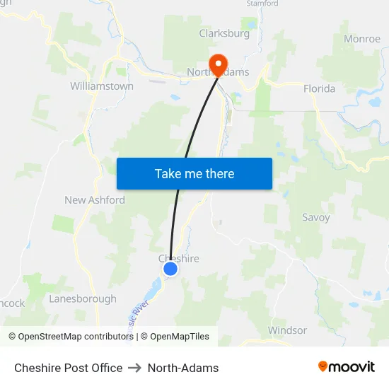 Cheshire Post Office to North-Adams map