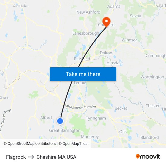 Flagrock to Cheshire MA USA map