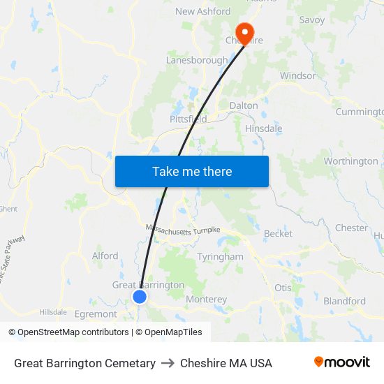 Great Barrington Cemetary to Cheshire MA USA map