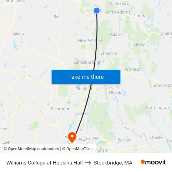 Williams College at Hopkins Hall to Stockbridge, MA map