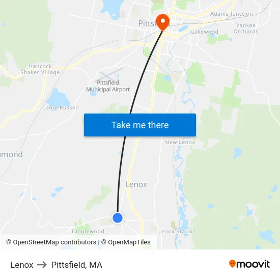 Lenox to Pittsfield, MA map