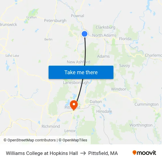 Williams College at Hopkins Hall to Pittsfield, MA map