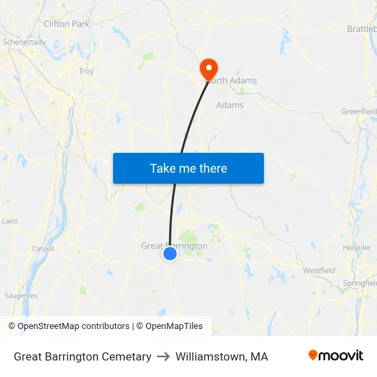 Great Barrington Cemetary to Williamstown, MA map