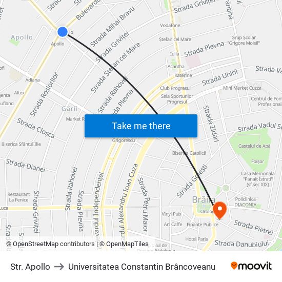 Str. Apollo to Universitatea Constantin Brâncoveanu map