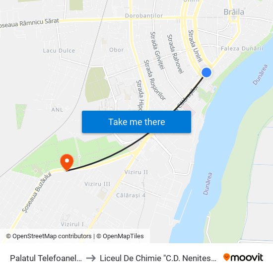 Palatul Telefoanelor to Liceul De Chimie "C.D. Nenitescu" map
