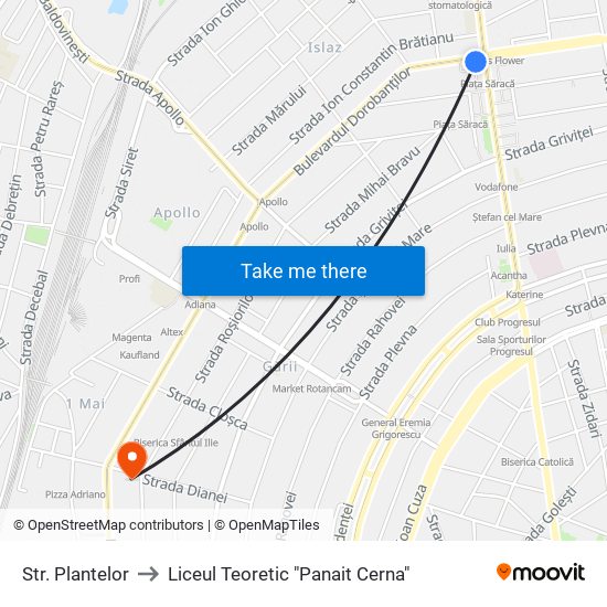 Str. Plantelor to Liceul Teoretic "Panait Cerna" map