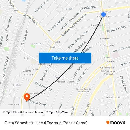 Piața Săracă to Liceul Teoretic "Panait Cerna" map