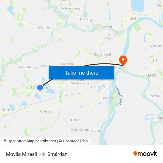 Movila Miresii to Smârdan map