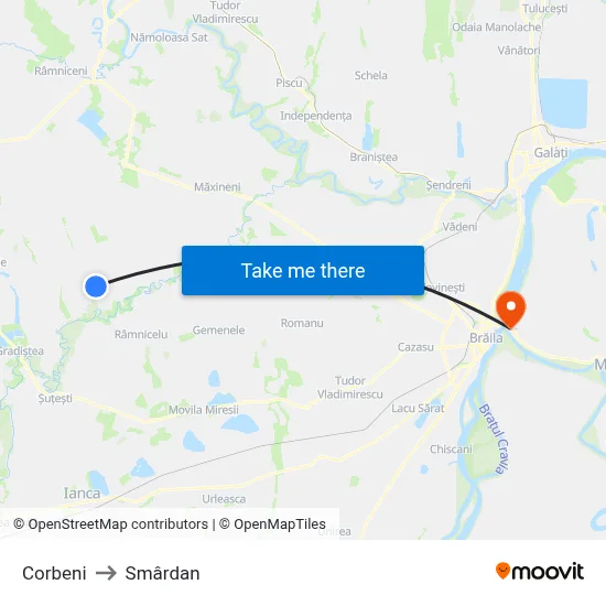 Corbeni to Smârdan map