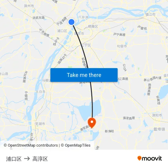 浦口区 to 高淳区 map