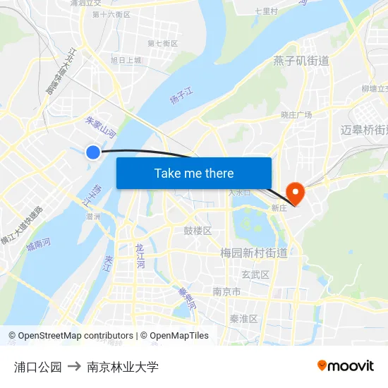 浦口公园 to 南京林业大学 map