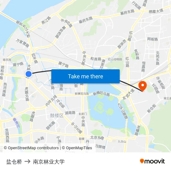 盐仓桥 to 南京林业大学 map